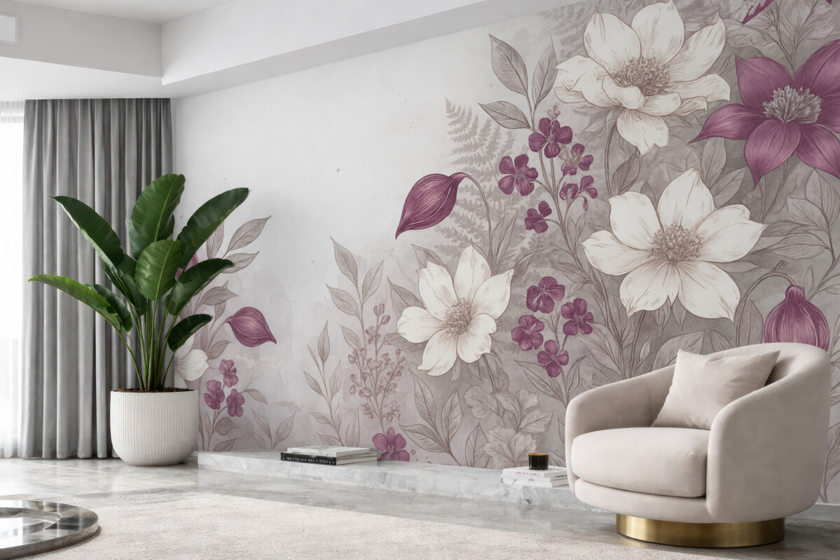 Fototapeta Kwiaty o białych i fioletowych płatkach, z liśćmi oraz łodygami, efekt akwareli, jasnoszare tło z fakturą.