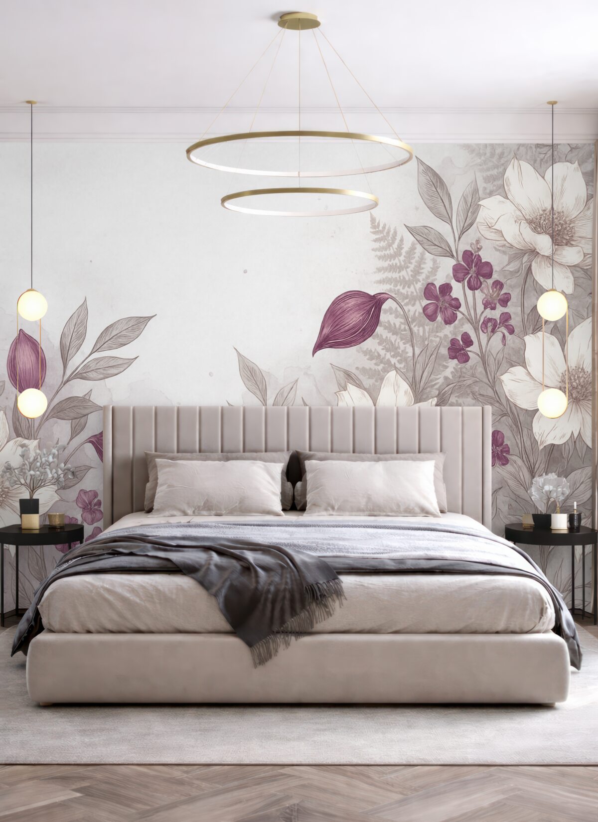 Fototapeta Kwiaty o białych i fioletowych płatkach, z liśćmi oraz łodygami, efekt akwareli, jasnoszare tło z fakturą.