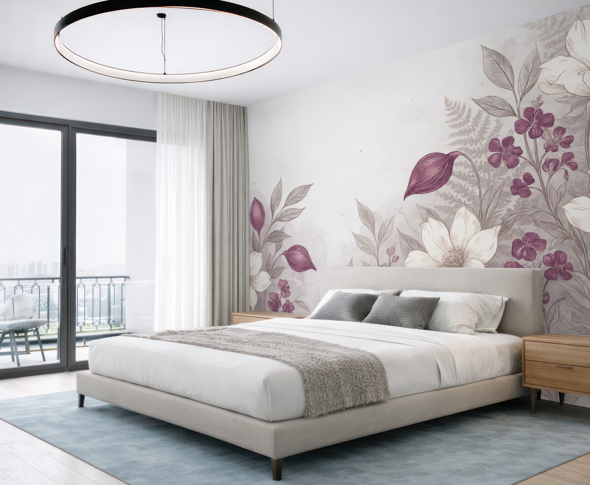 Fototapeta Kwiaty o białych i fioletowych płatkach, z liśćmi oraz łodygami, efekt akwareli, jasnoszare tło z fakturą.