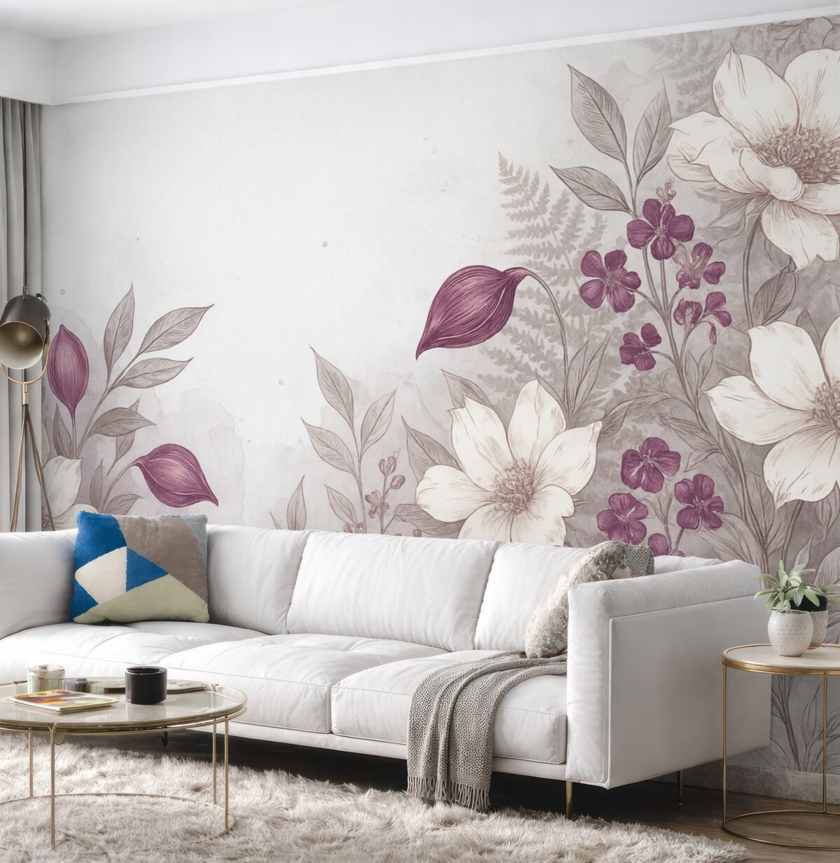 Fototapeta Kwiaty o białych i fioletowych płatkach, z liśćmi oraz łodygami, efekt akwareli, jasnoszare tło z fakturą.