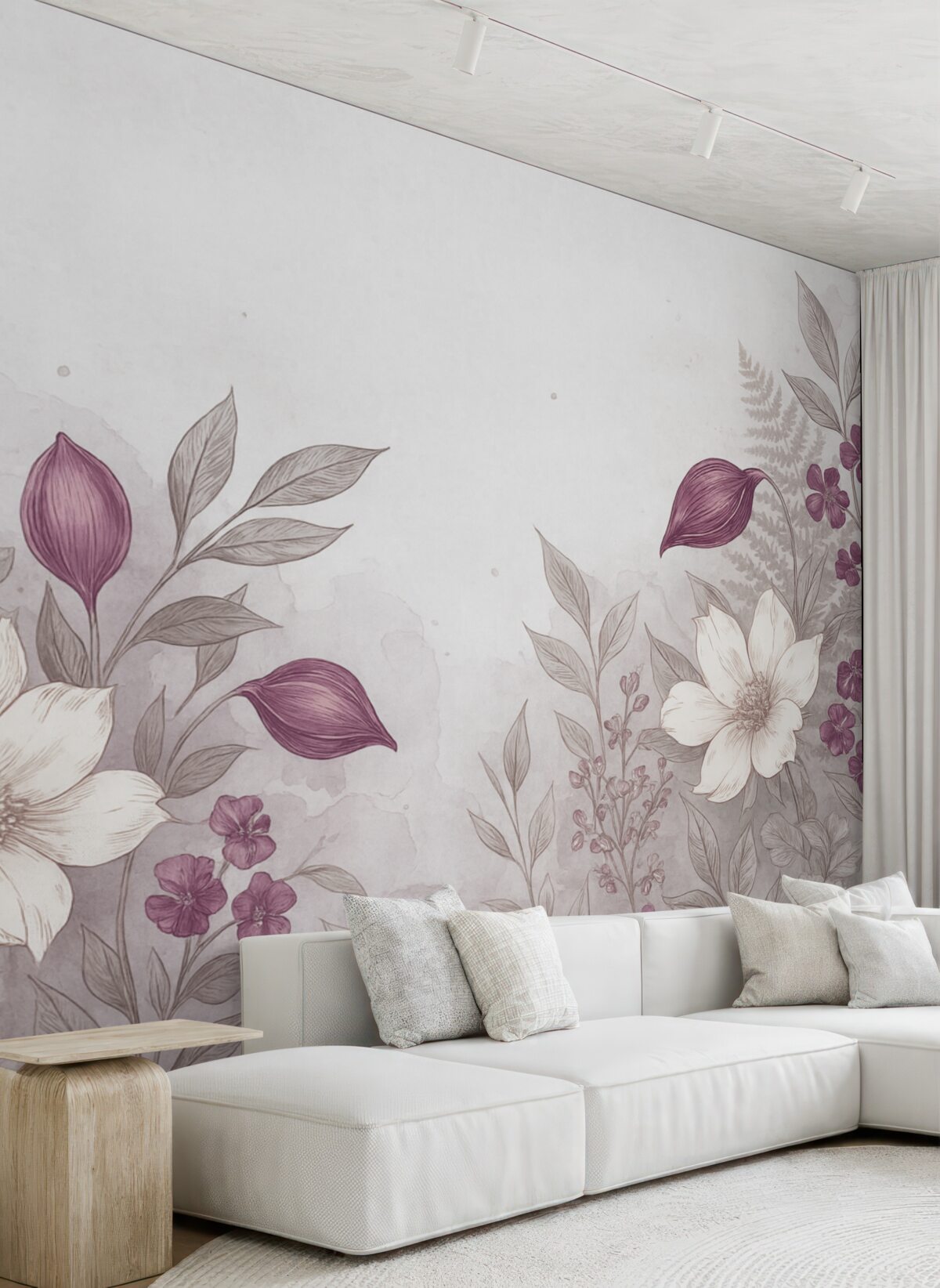 Fototapeta Kwiaty o białych i fioletowych płatkach, z liśćmi oraz łodygami, efekt akwareli, jasnoszare tło z fakturą.