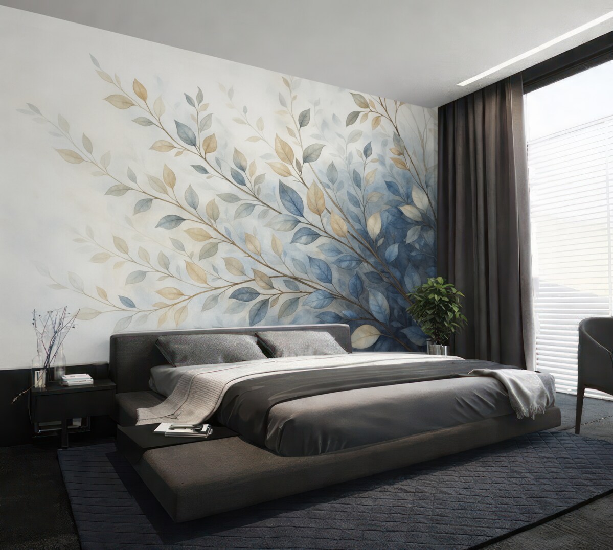 Fototapeta Gałęzie z liśćmi w odcieniach niebieskich i brązowych, jasne tło, delikatne i miękkie, w stylu akwareli.