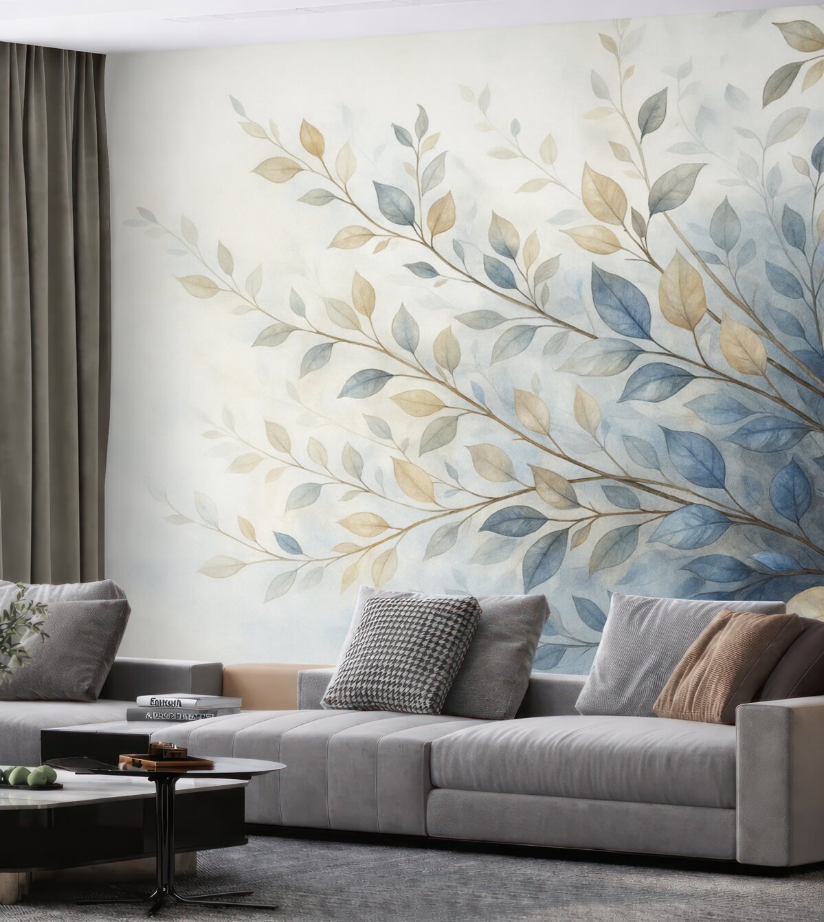 Fototapeta Gałęzie z liśćmi w odcieniach niebieskich i brązowych, jasne tło, delikatne i miękkie, w stylu akwareli.