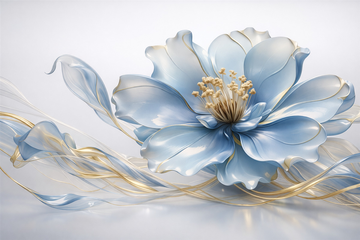 Fototapeta Wielki abstrakcyjny kwiat na ścianie w niebieskiej tonacji.