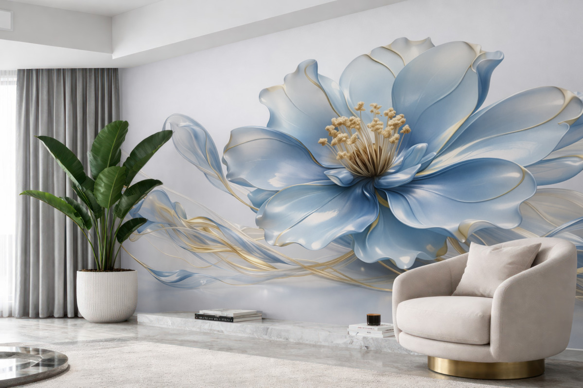 Fototapeta Wielki abstrakcyjny kwiat na ścianie w niebieskiej tonacji.