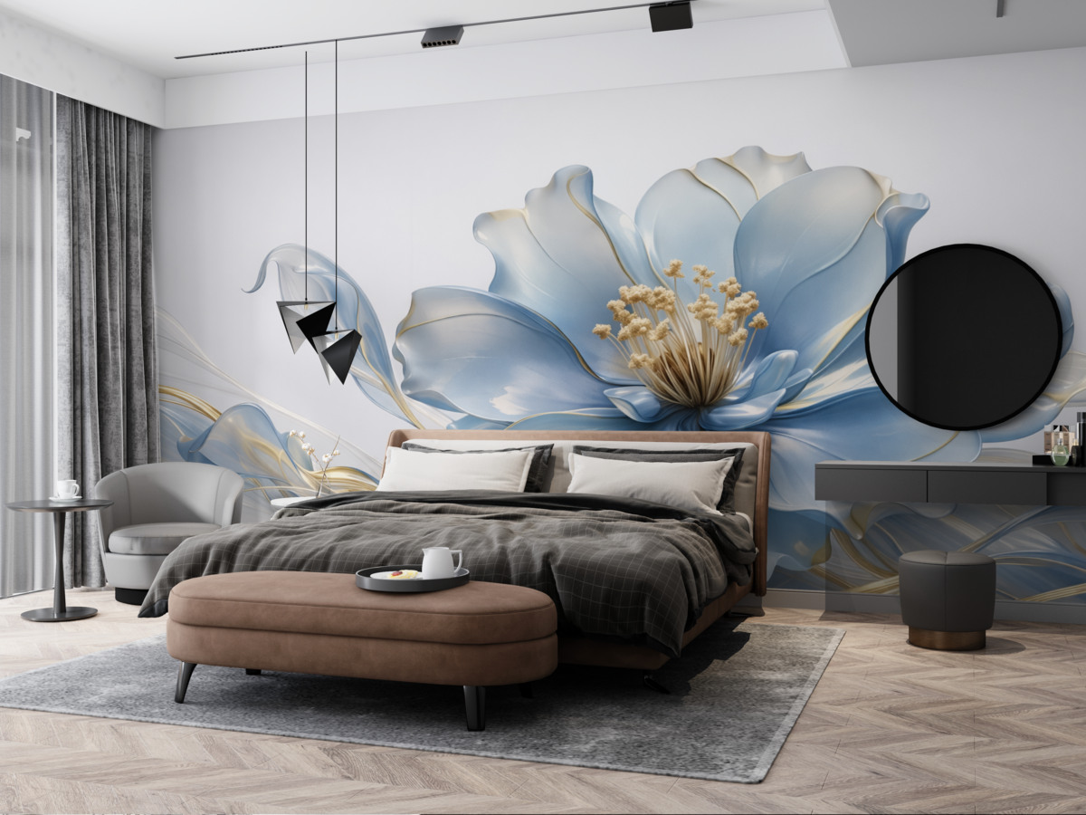 Fototapeta Wielki abstrakcyjny kwiat na ścianie w niebieskiej tonacji.
