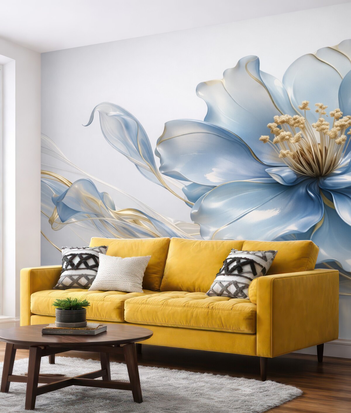 Fototapeta Wielki abstrakcyjny kwiat na ścianie w niebieskiej tonacji.