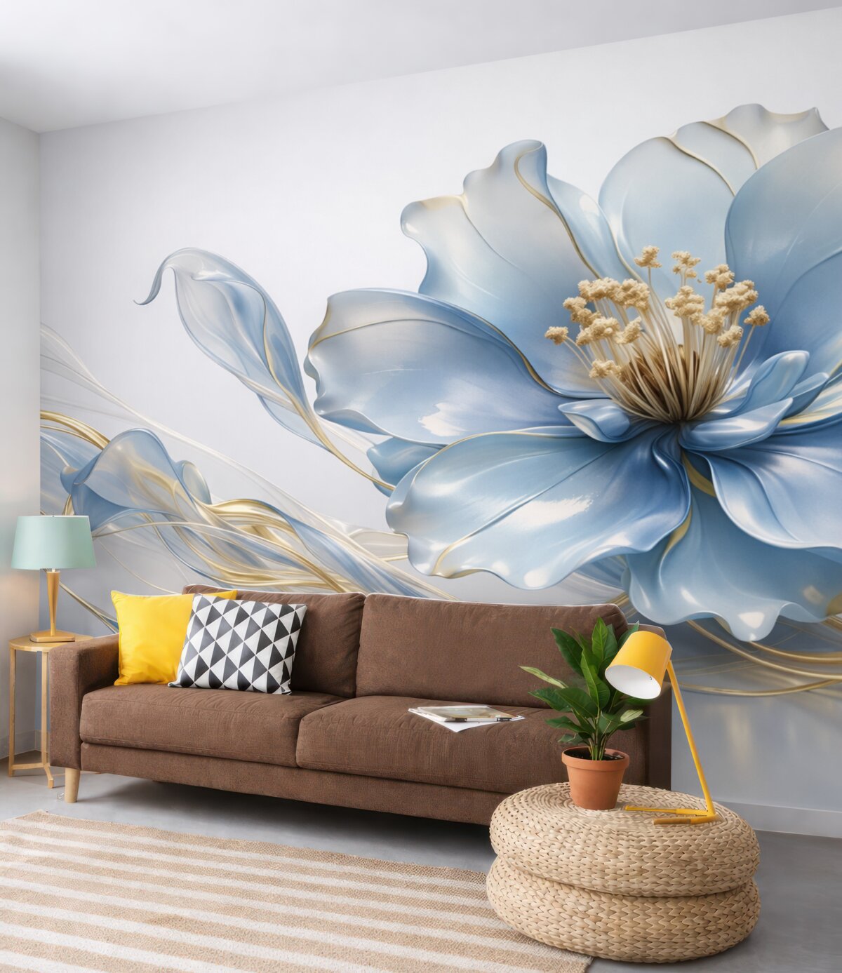 Fototapeta Wielki abstrakcyjny kwiat na ścianie w niebieskiej tonacji.