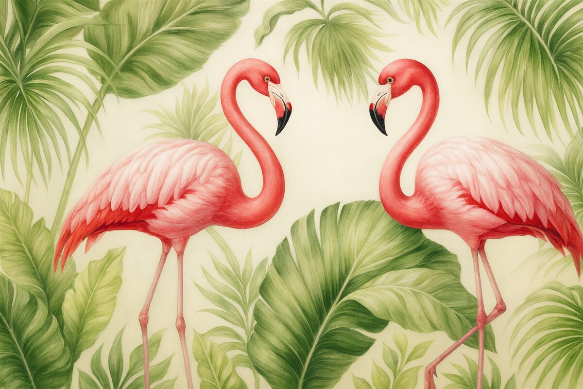 Fototapeta Para flamingów w tropikalnych krzewach.