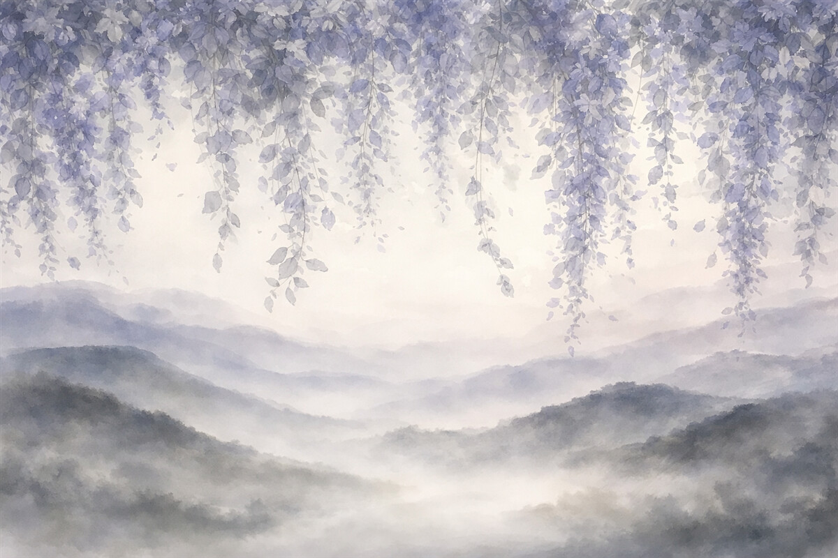 Fototapeta Liście glicynii zwisające nad olśniewającymi szczytami gór, delikatne pastelowe odcienie niebieskiego i szarości, pejzaż w technice akwareli.