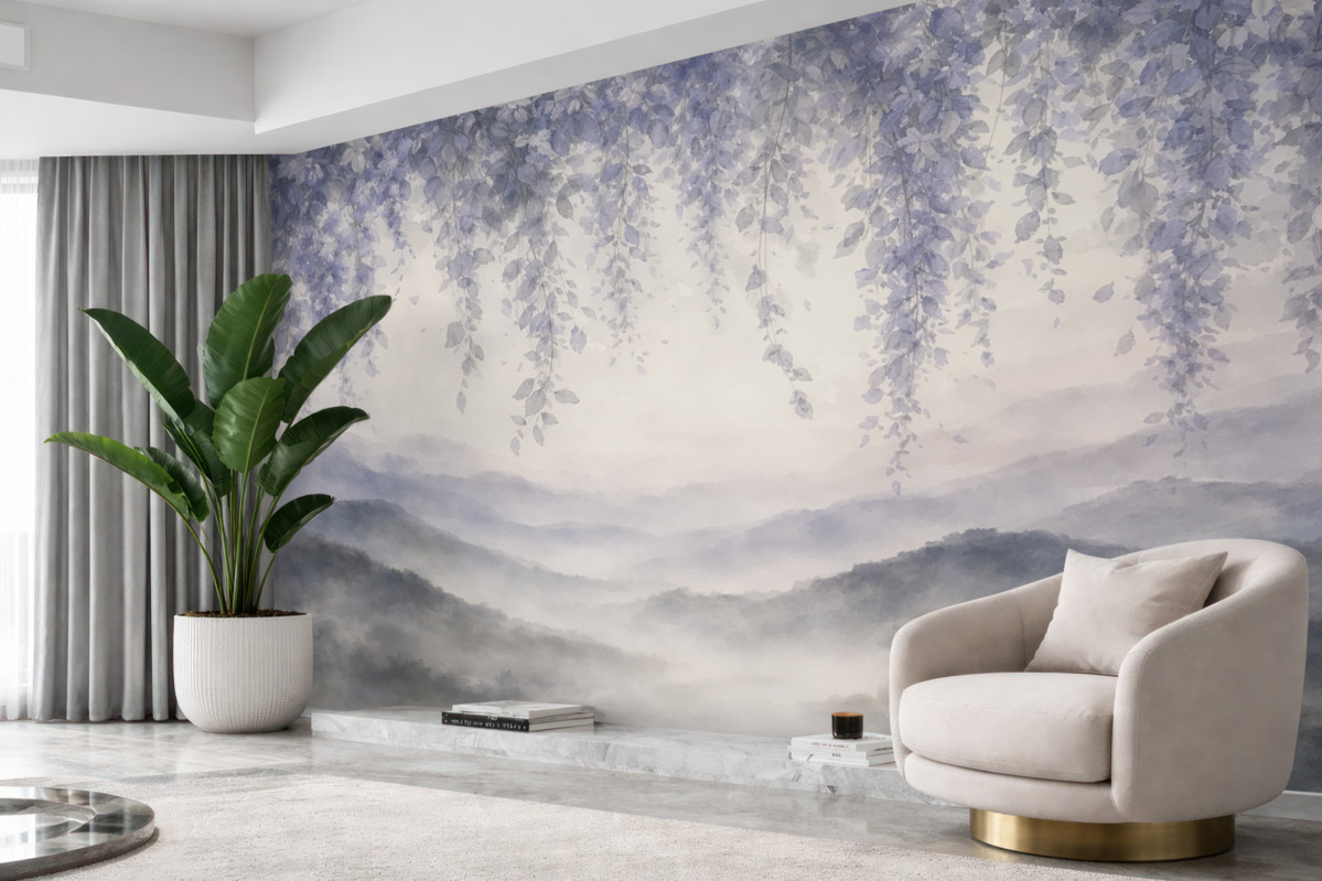 Fototapeta Liście glicynii zwisające nad olśniewającymi szczytami gór, delikatne pastelowe odcienie niebieskiego i szarości, pejzaż w technice akwareli.