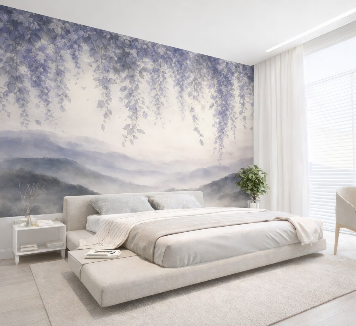 Fototapeta Liście glicynii zwisające nad olśniewającymi szczytami gór, delikatne pastelowe odcienie niebieskiego i szarości, pejzaż w technice akwareli.