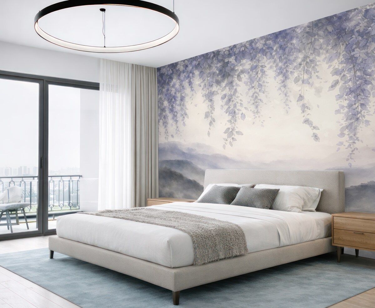 Fototapeta Liście glicynii zwisające nad olśniewającymi szczytami gór, delikatne pastelowe odcienie niebieskiego i szarości, pejzaż w technice akwareli.