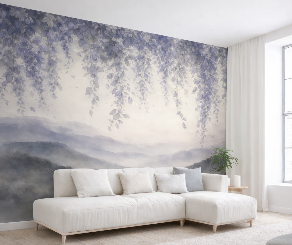 Fototapeta Liście glicynii zwisające nad olśniewającymi szczytami gór, delikatne pastelowe odcienie niebieskiego i szarości, pejzaż w technice akwareli.