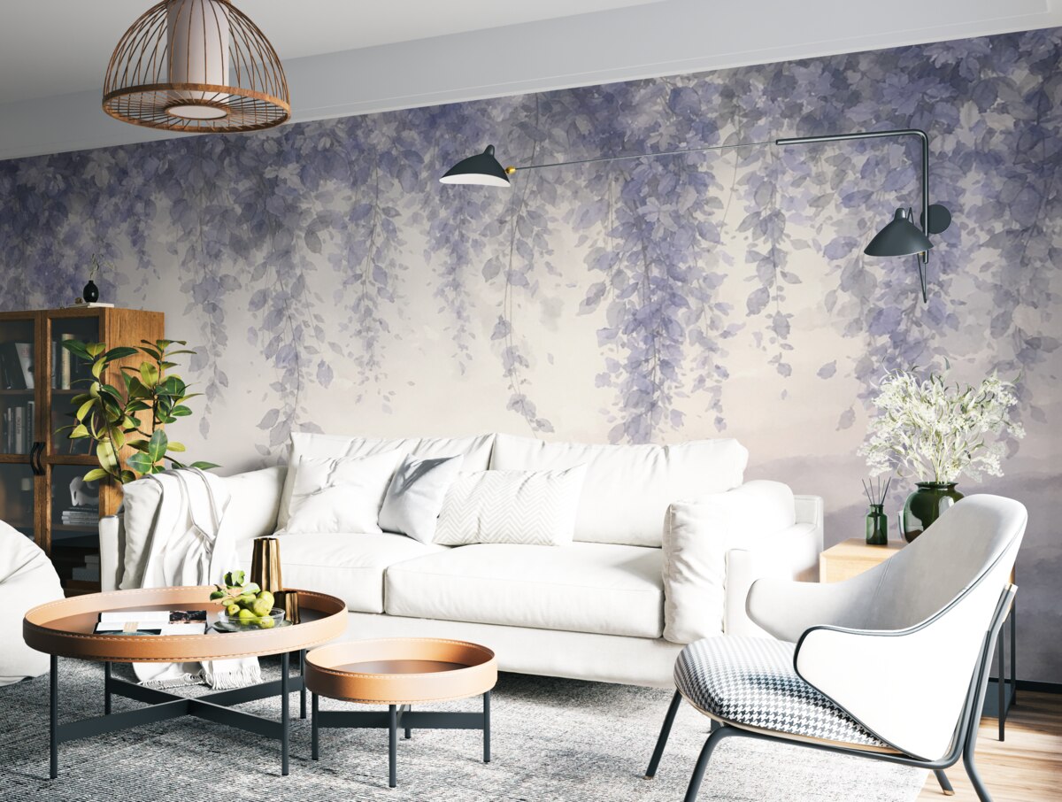 Fototapeta Liście glicynii zwisające nad olśniewającymi szczytami gór, delikatne pastelowe odcienie niebieskiego i szarości, pejzaż w technice akwareli.