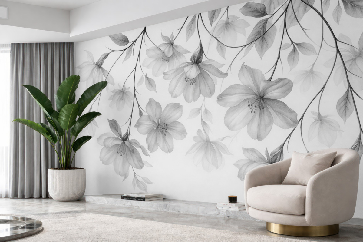 Fototapeta Czarne kwiaty z półprzezroczystymi płatkami opadającymi z gałęzi, monochromatyczna, minimalistyczna kompozycja sztuki współczesnej.