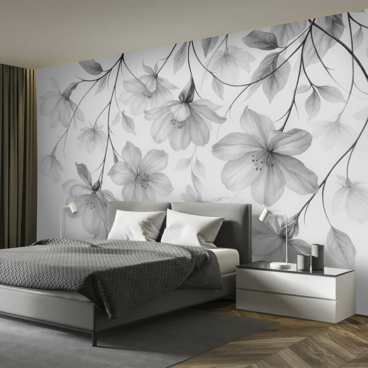 Fototapeta Czarne kwiaty z półprzezroczystymi płatkami opadającymi z gałęzi, monochromatyczna, minimalistyczna kompozycja sztuki współczesnej.