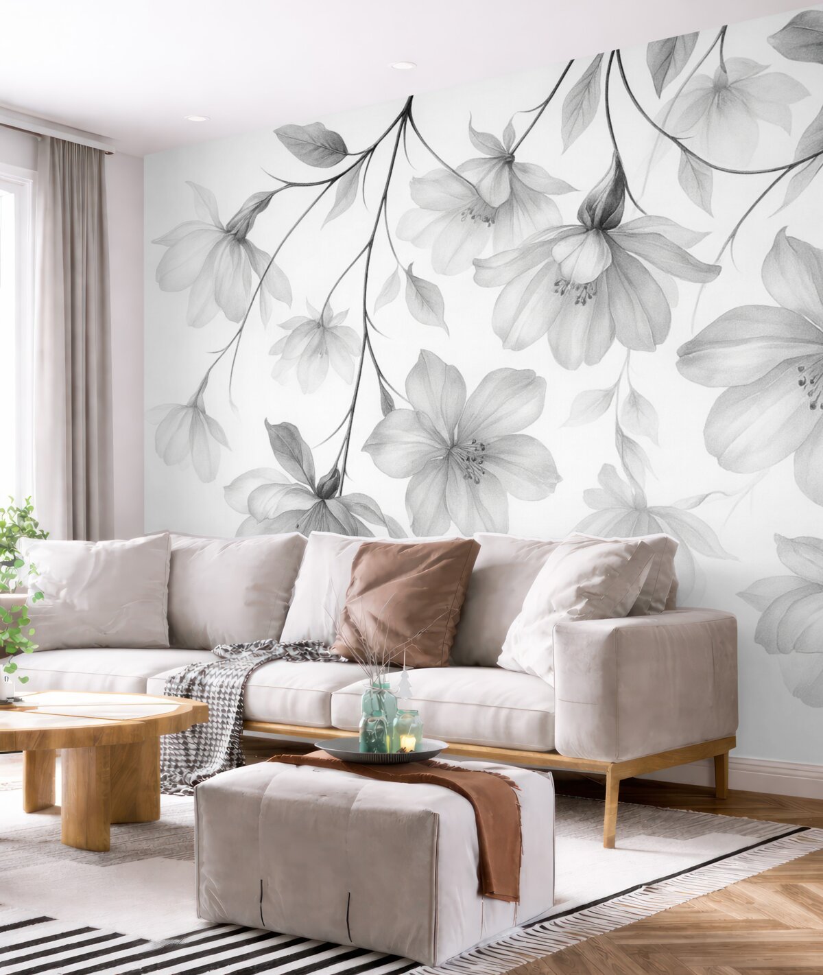 Fototapeta Czarne kwiaty z półprzezroczystymi płatkami opadającymi z gałęzi, monochromatyczna, minimalistyczna kompozycja sztuki współczesnej.