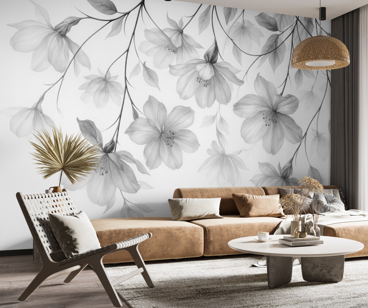 Fototapeta Czarne kwiaty z półprzezroczystymi płatkami opadającymi z gałęzi, monochromatyczna, minimalistyczna kompozycja sztuki współczesnej.