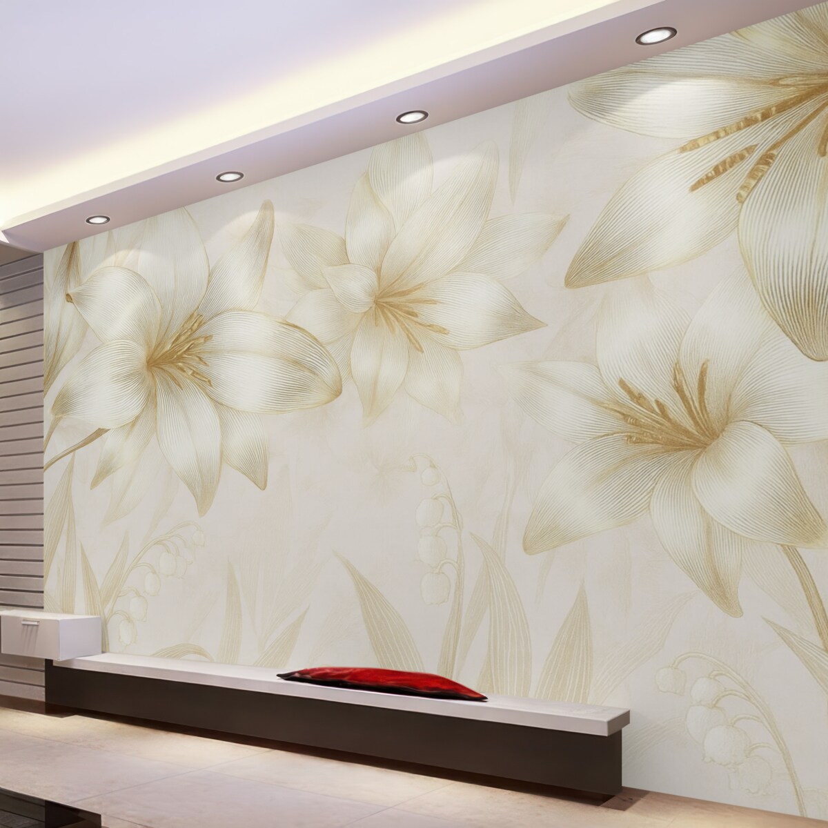 Fototapeta Żółte lilie z precyzyjnymi detalami, wytworna kompozycja kwiatowa, stonowana paleta barw.