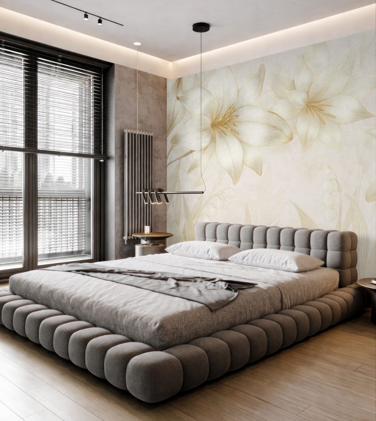 Fototapeta Żółte lilie z precyzyjnymi detalami, wytworna kompozycja kwiatowa, stonowana paleta barw.