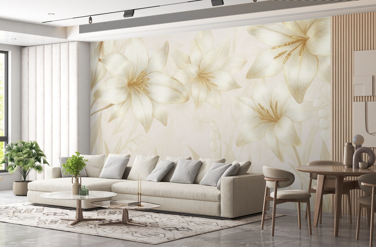 Fototapeta Żółte lilie z precyzyjnymi detalami, wytworna kompozycja kwiatowa, stonowana paleta barw.