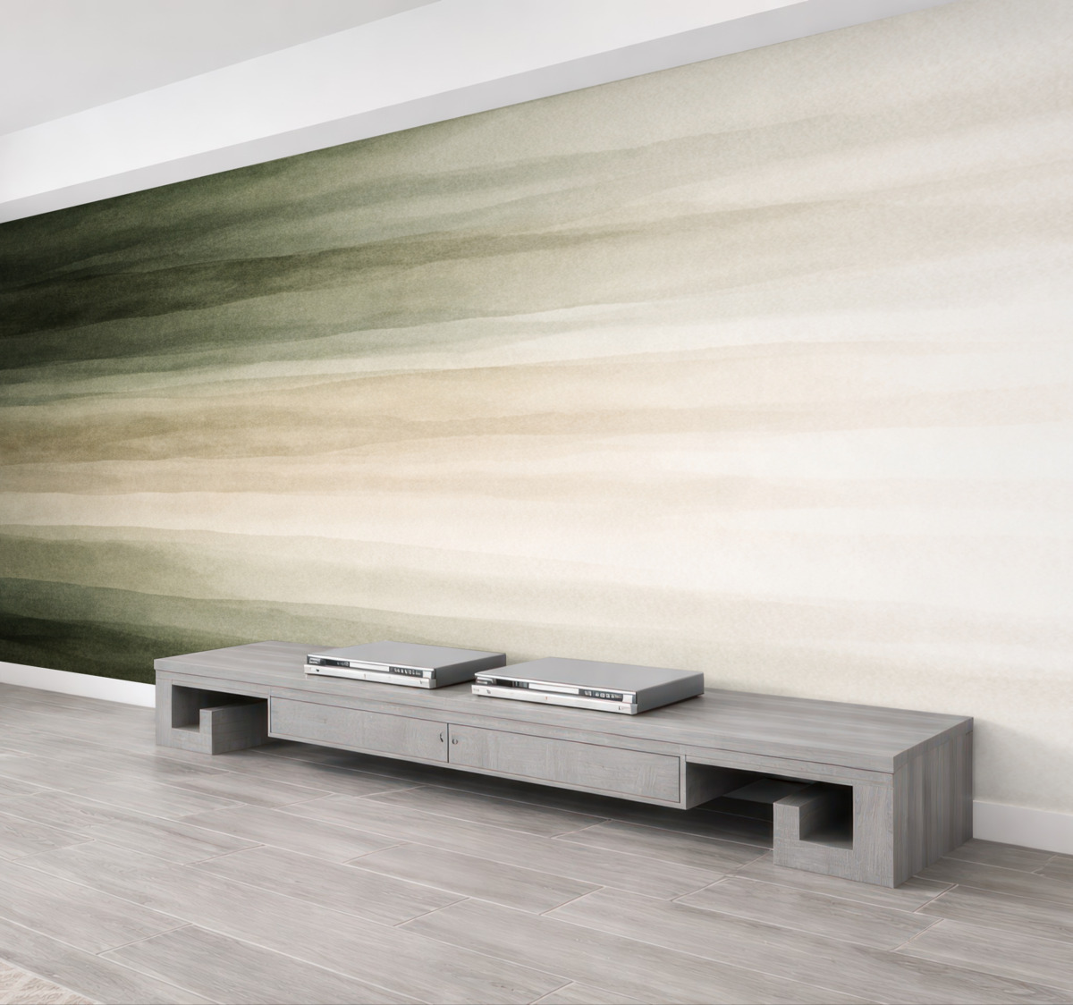 Fototapeta Abstrakcyjny, minimalistyczny wzór gradientowy z pionowymi paskami ciemnej zieleni, beżu oraz bieli.