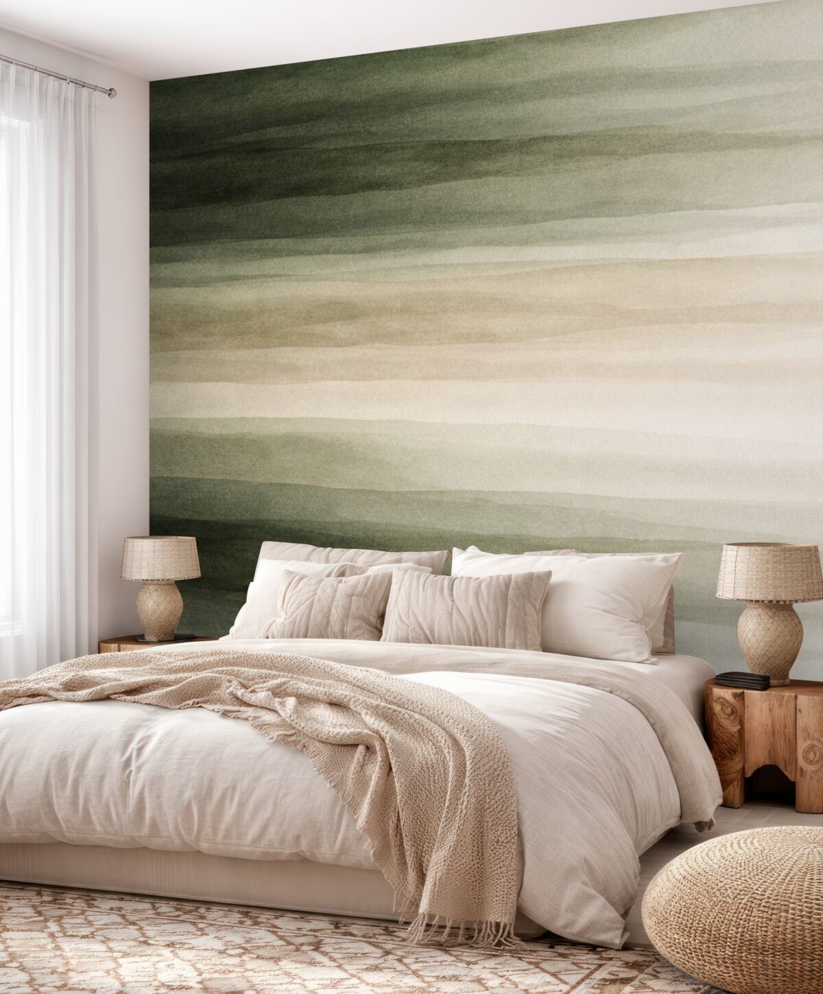 Fototapeta Abstrakcyjny, minimalistyczny wzór gradientowy z pionowymi paskami ciemnej zieleni, beżu oraz bieli.