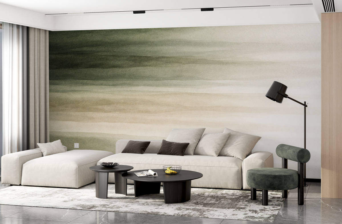 Fototapeta Abstrakcyjny, minimalistyczny wzór gradientowy z pionowymi paskami ciemnej zieleni, beżu oraz bieli.