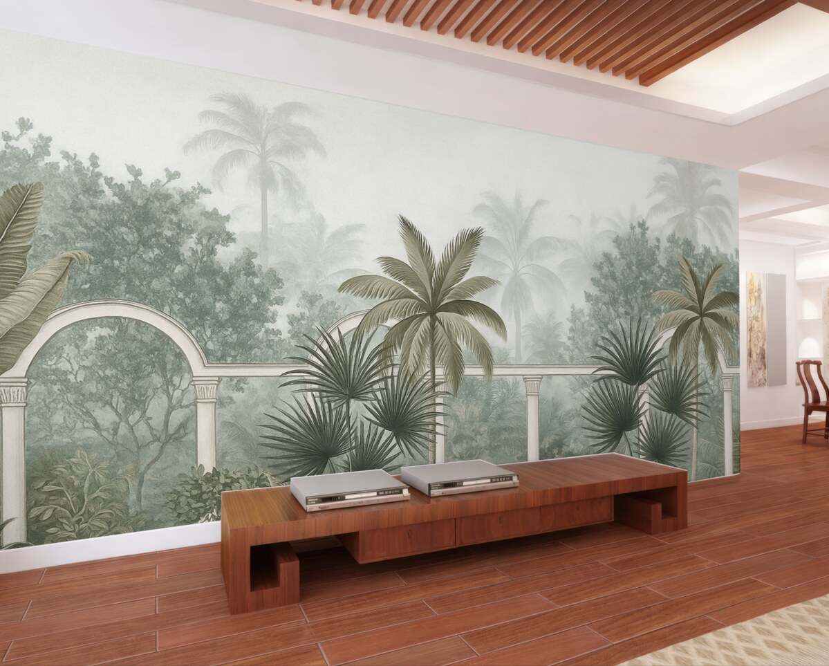 Fototapeta Tropikalny ogród o ciekawej teksturze z palmami i bogatą roślinnością, balustrada z łukami, stonowane odcienie, styl retro.