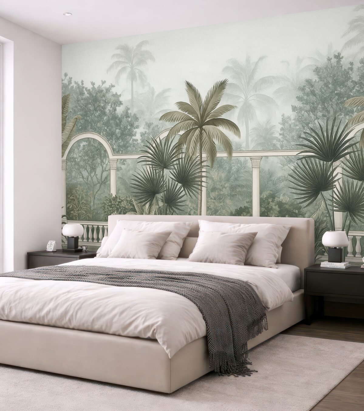 Fototapeta Tropikalny ogród o ciekawej teksturze z palmami i bogatą roślinnością, balustrada z łukami, stonowane odcienie, styl retro.