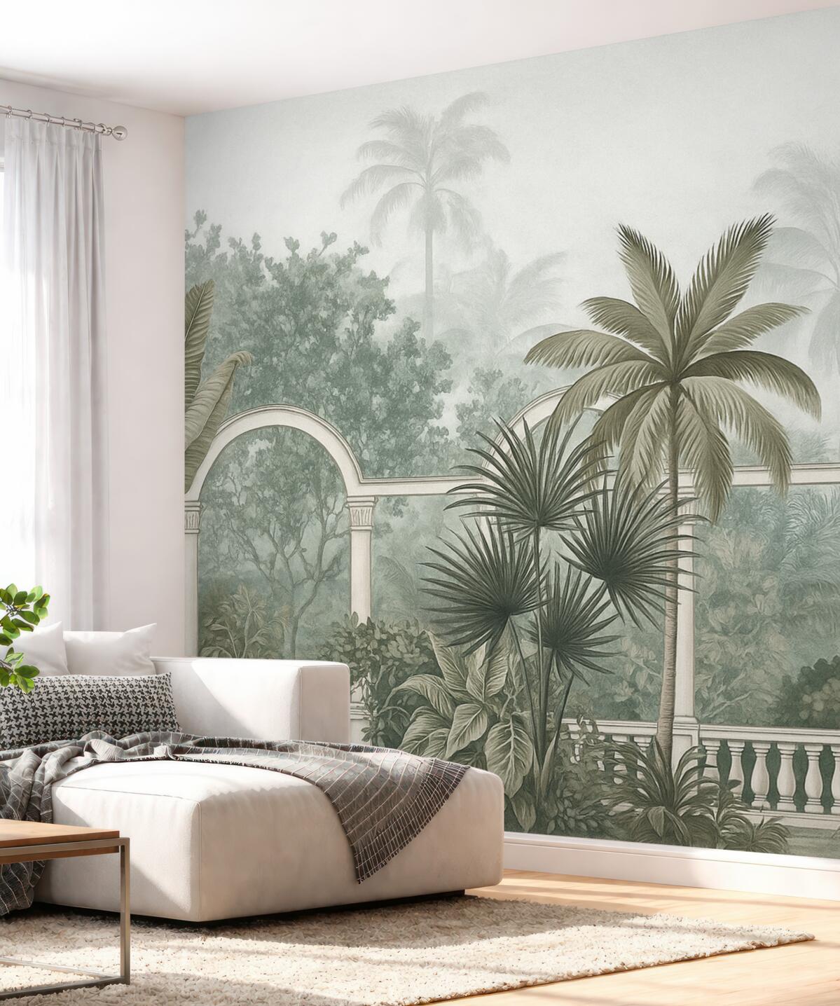 Fototapeta Tropikalny ogród o ciekawej teksturze z palmami i bogatą roślinnością, balustrada z łukami, stonowane odcienie, styl retro.