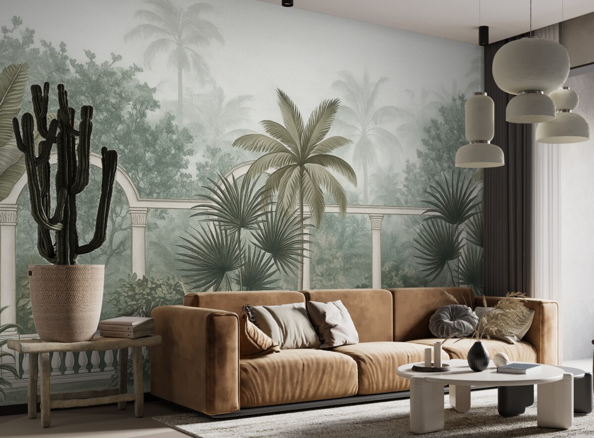 Fototapeta Tropikalny ogród o ciekawej teksturze z palmami i bogatą roślinnością, balustrada z łukami, stonowane odcienie, styl retro.