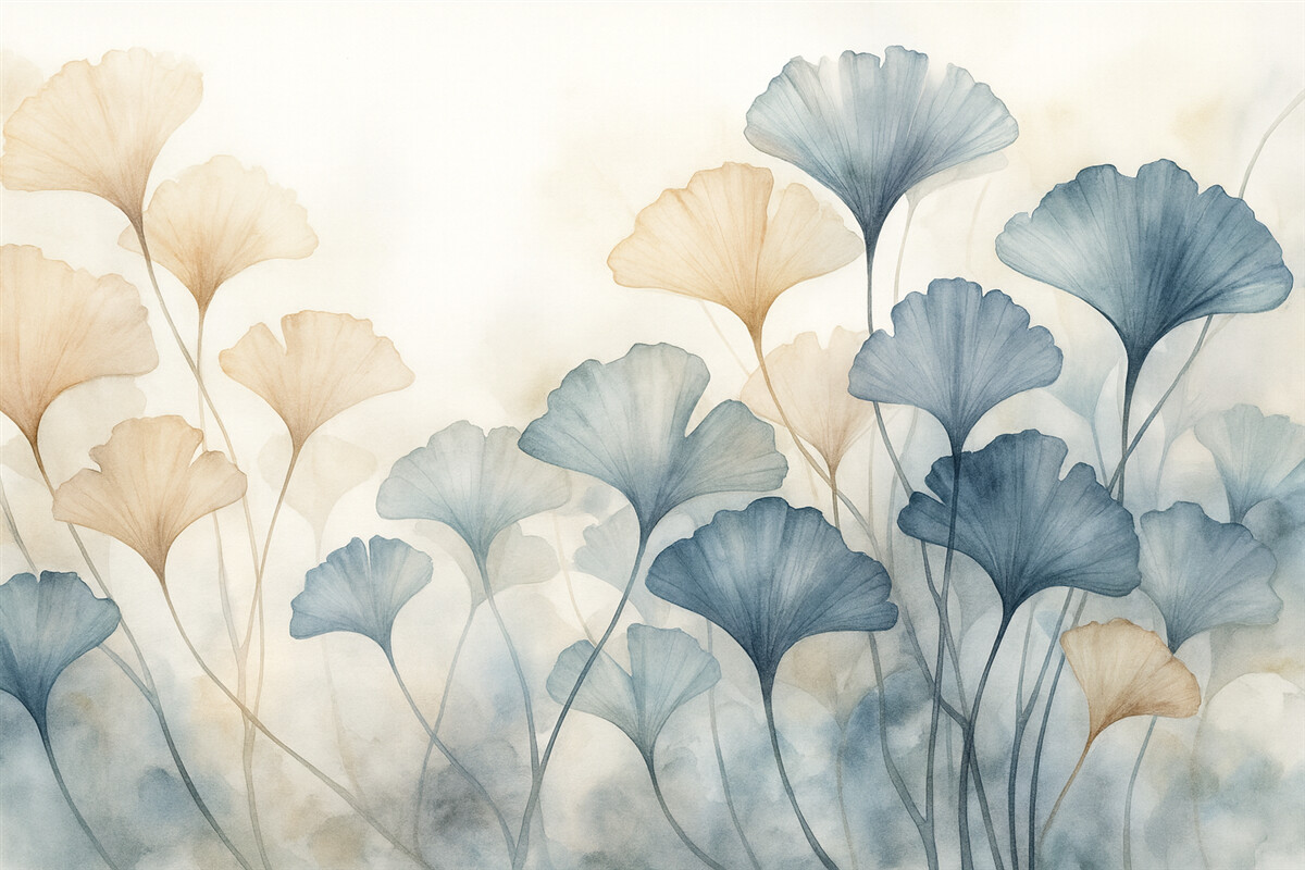 Fototapeta Liście miłorzębu w błękitnej i pomarańczowej akwareli, półprzezroczyste płatki, subtelne łodygi, łagodna paleta barw.