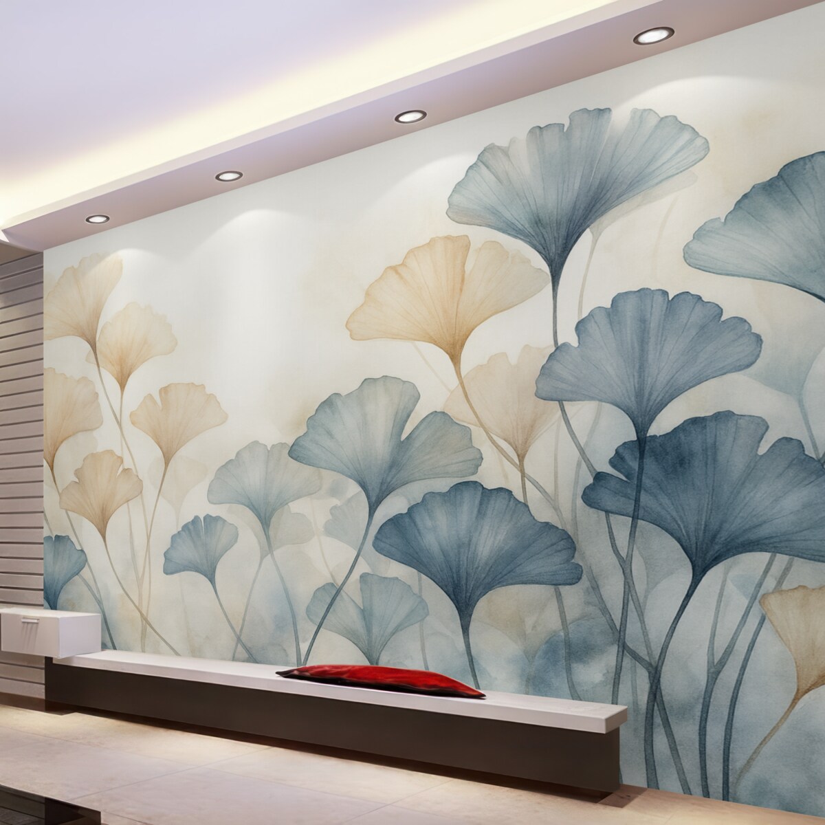 Fototapeta Liście miłorzębu w błękitnej i pomarańczowej akwareli, półprzezroczyste płatki, subtelne łodygi, łagodna paleta barw.