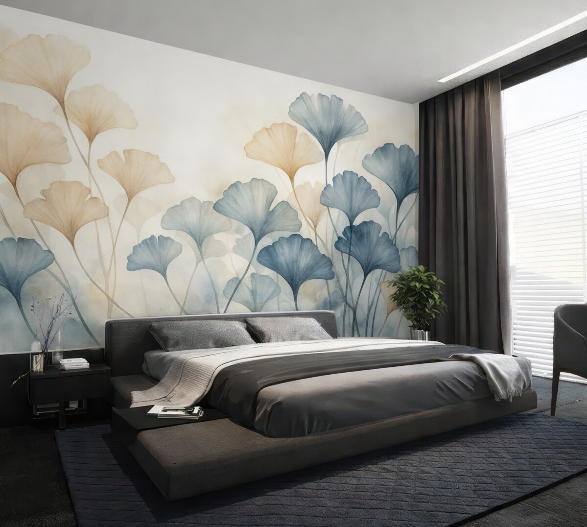 Fototapeta Liście miłorzębu w błękitnej i pomarańczowej akwareli, półprzezroczyste płatki, subtelne łodygi, łagodna paleta barw.