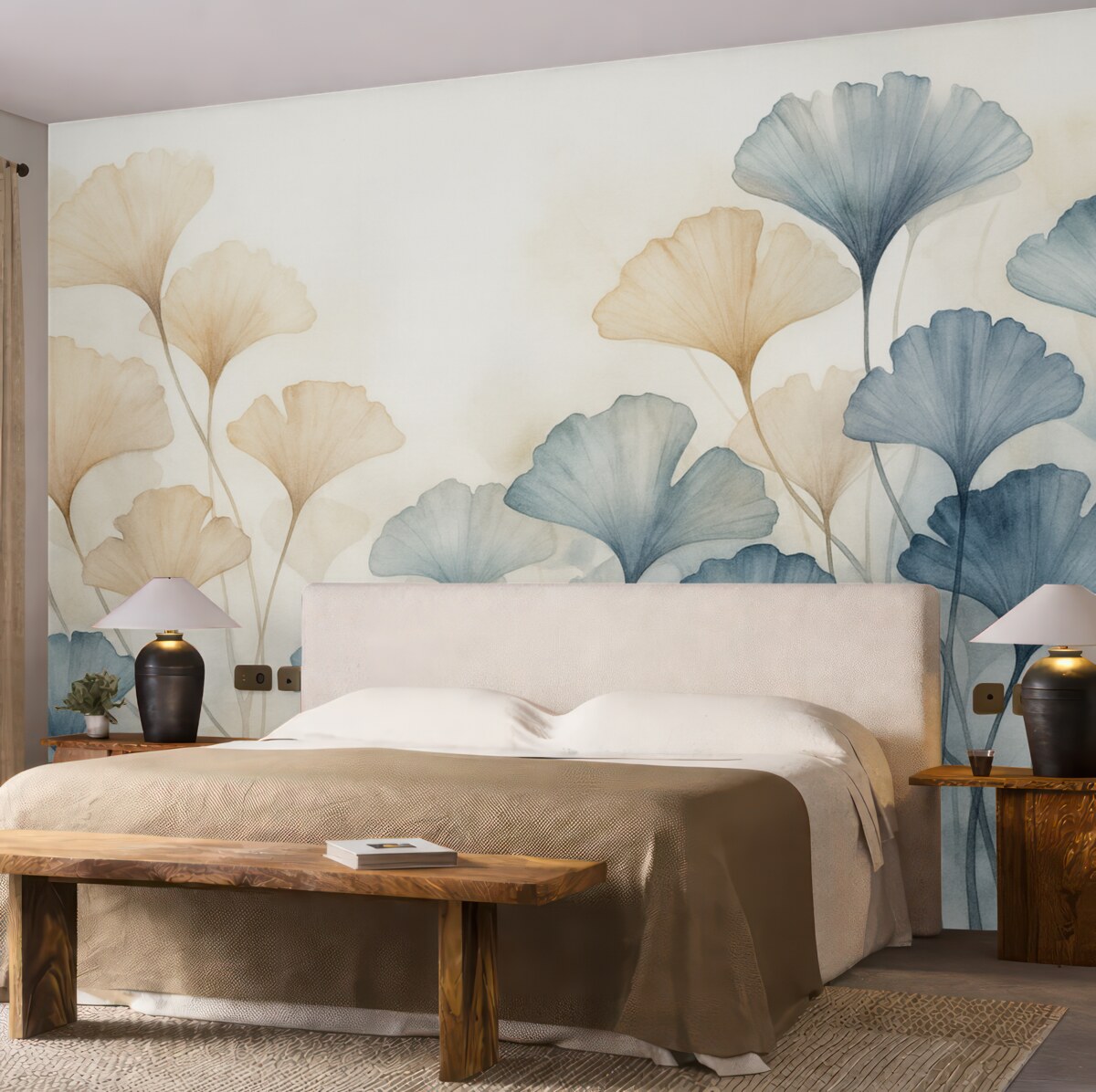 Fototapeta Liście miłorzębu w błękitnej i pomarańczowej akwareli, półprzezroczyste płatki, subtelne łodygi, łagodna paleta barw.