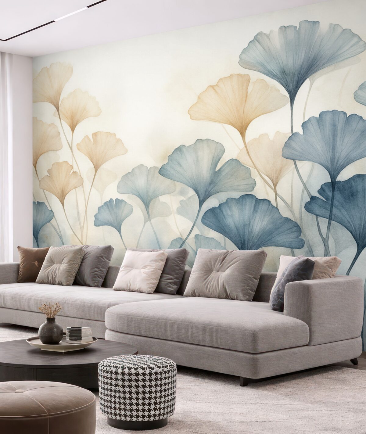 Fototapeta Liście miłorzębu w błękitnej i pomarańczowej akwareli, półprzezroczyste płatki, subtelne łodygi, łagodna paleta barw.