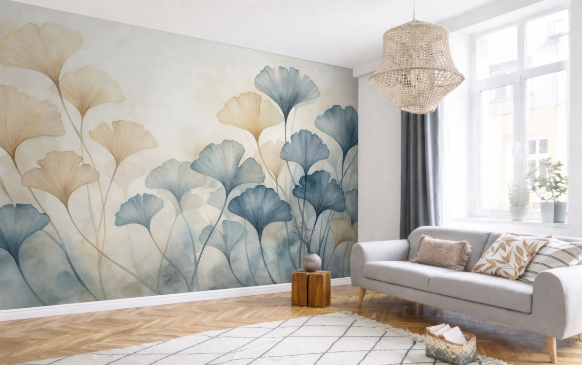 Fototapeta Liście miłorzębu w błękitnej i pomarańczowej akwareli, półprzezroczyste płatki, subtelne łodygi, łagodna paleta barw.