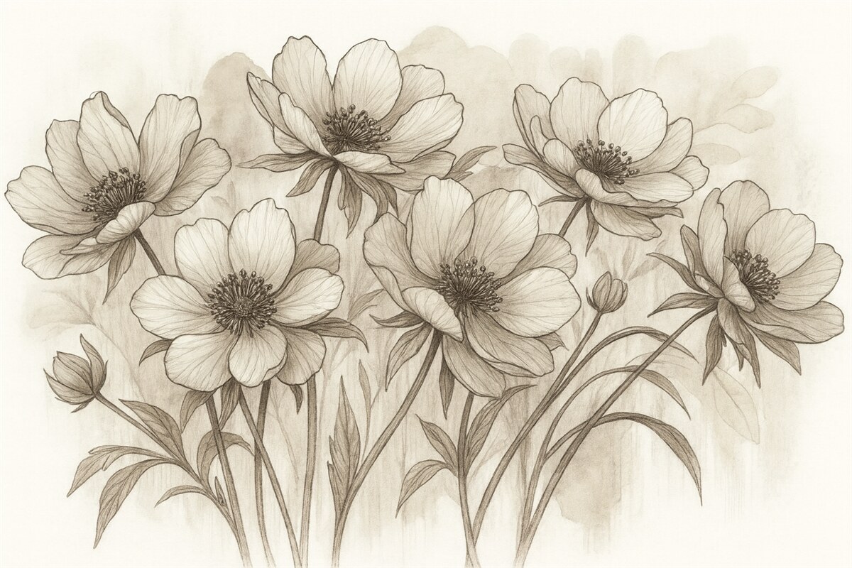 Fototapeta Minimalistyczne kwiaty w stylu line-art z beżowymi i brązowymi płatkami, długie łodygi, jasne tło w odcieniu beżu.