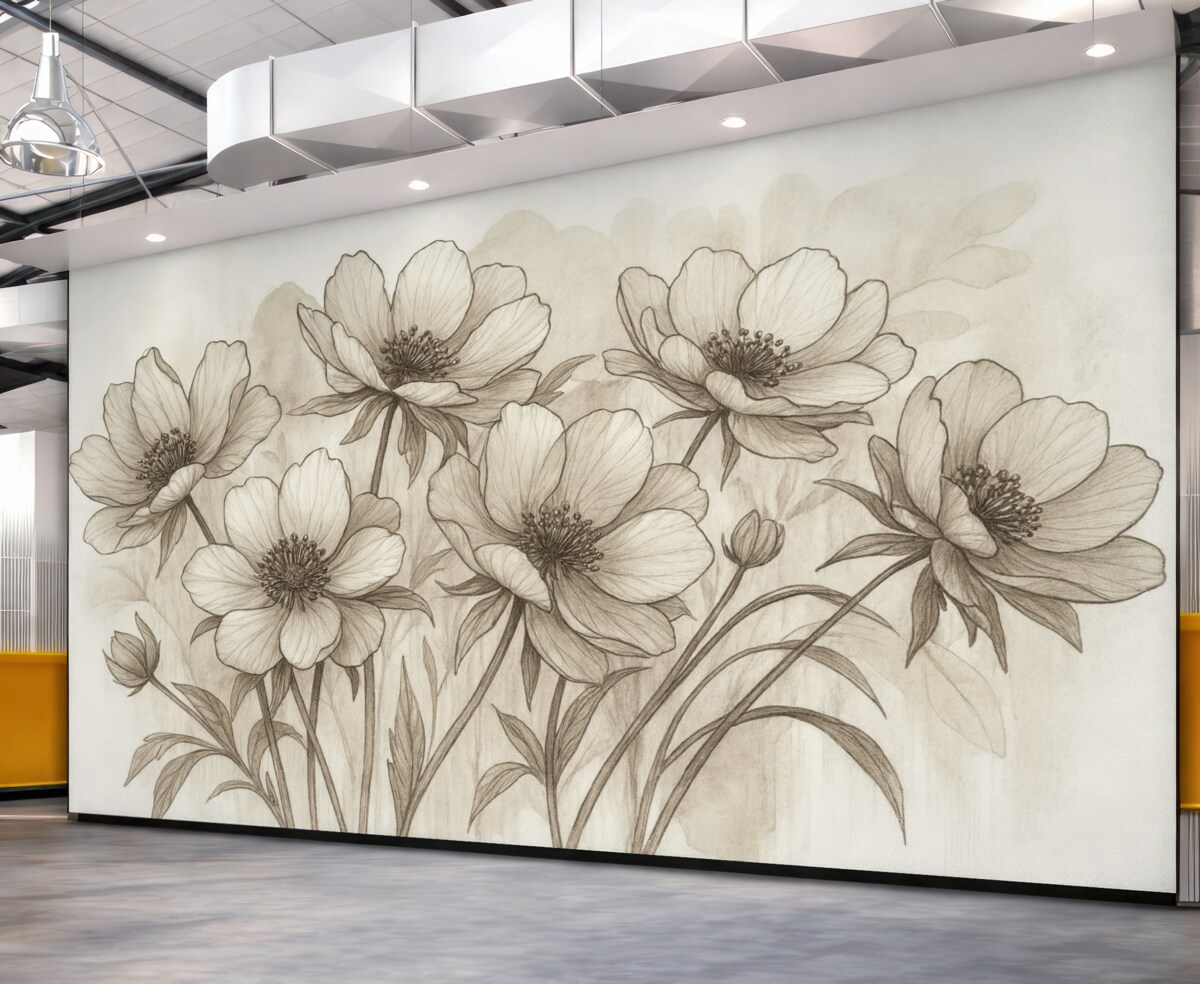 Fototapeta Minimalistyczne kwiaty w stylu line-art z beżowymi i brązowymi płatkami, długie łodygi, jasne tło w odcieniu beżu.