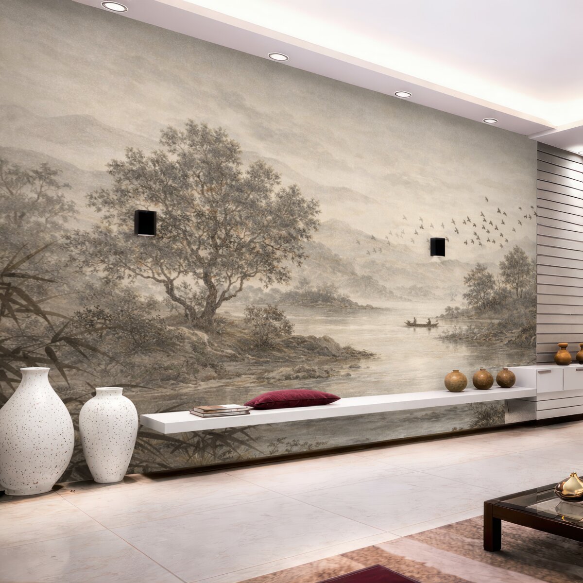 Fototapeta Teksturowany pejzaż w stylu retro z drzewem w sąsiedztwie rzeki i pochmurnym niebem, dzieło natury w tonach sepii.