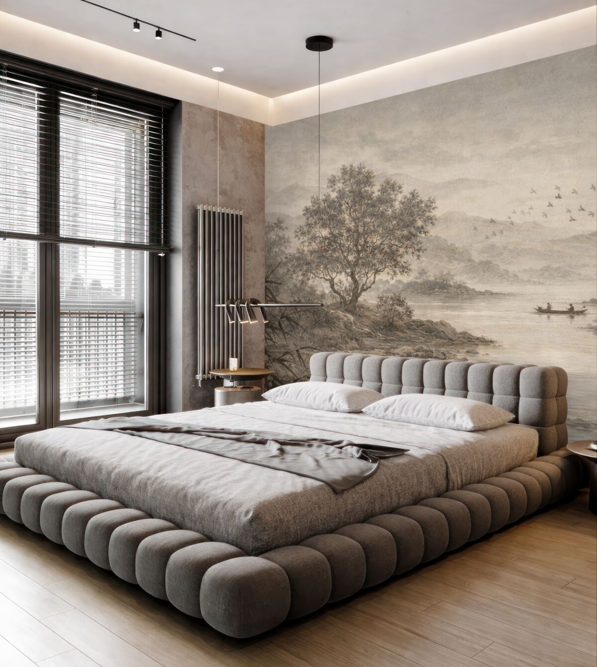 Fototapeta Teksturowany pejzaż w stylu retro z drzewem w sąsiedztwie rzeki i pochmurnym niebem, dzieło natury w tonach sepii.