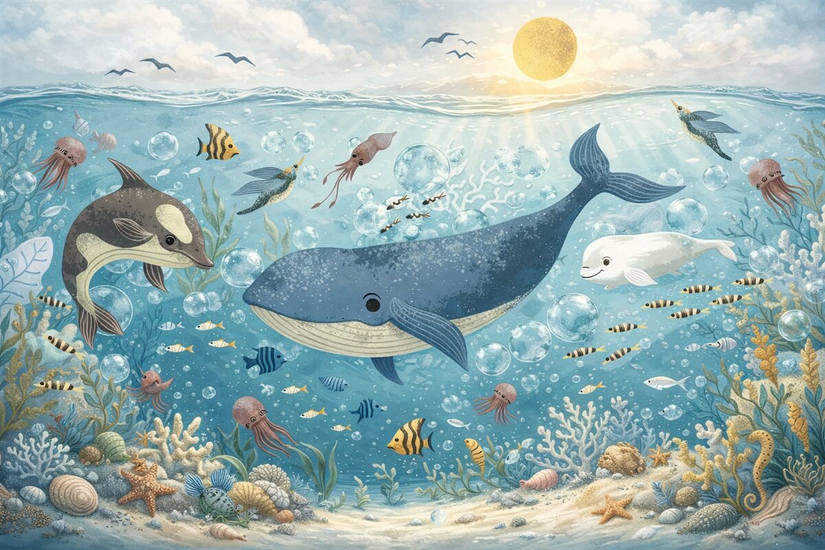 Fototapeta Obrazek dla najmłodszych z niebieskim walesem otoczonym rybami, mackami, meduzami w błękitnym morzu z bąbelkami.