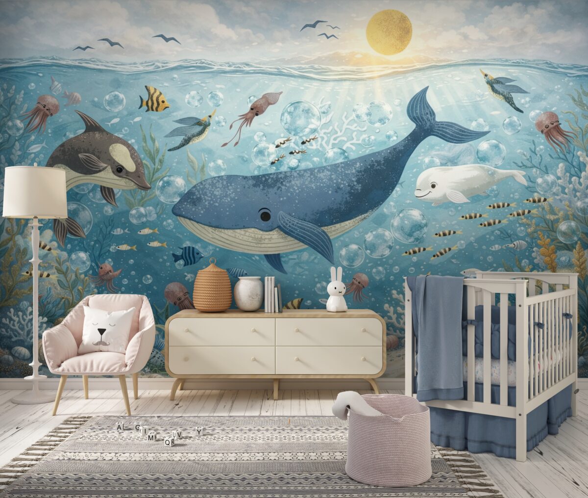 Fototapeta Obrazek dla najmłodszych z niebieskim walesem otoczonym rybami, mackami, meduzami w błękitnym morzu z bąbelkami.