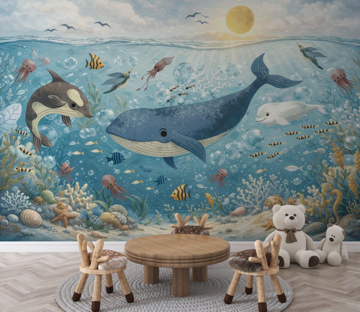 Fototapeta Obrazek dla najmłodszych z niebieskim walesem otoczonym rybami, mackami, meduzami w błękitnym morzu z bąbelkami.