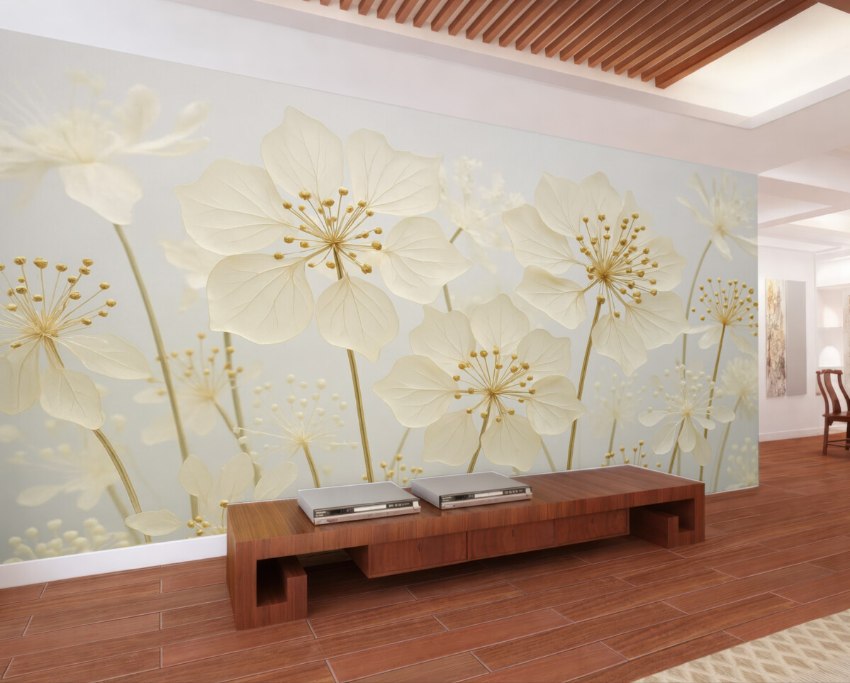 Fototapeta Delikatne łąkowe kwiaty na błękitnym tle.