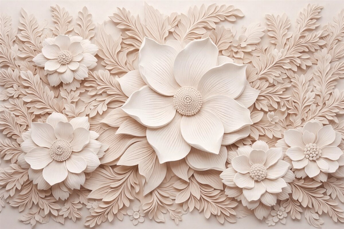 Fototapeta Kwiaty w kolorze beżowym oraz liście z efektem trójwymiarowym.