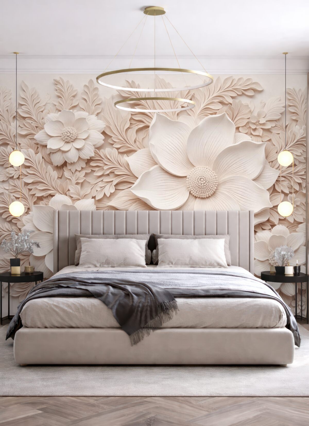 Fototapeta Kwiaty w kolorze beżowym oraz liście z efektem trójwymiarowym.