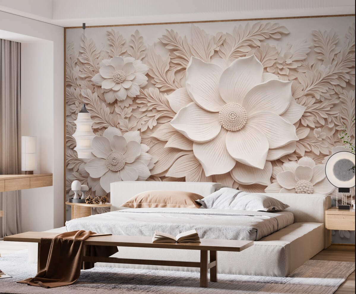 Fototapeta Kwiaty w kolorze beżowym oraz liście z efektem trójwymiarowym.